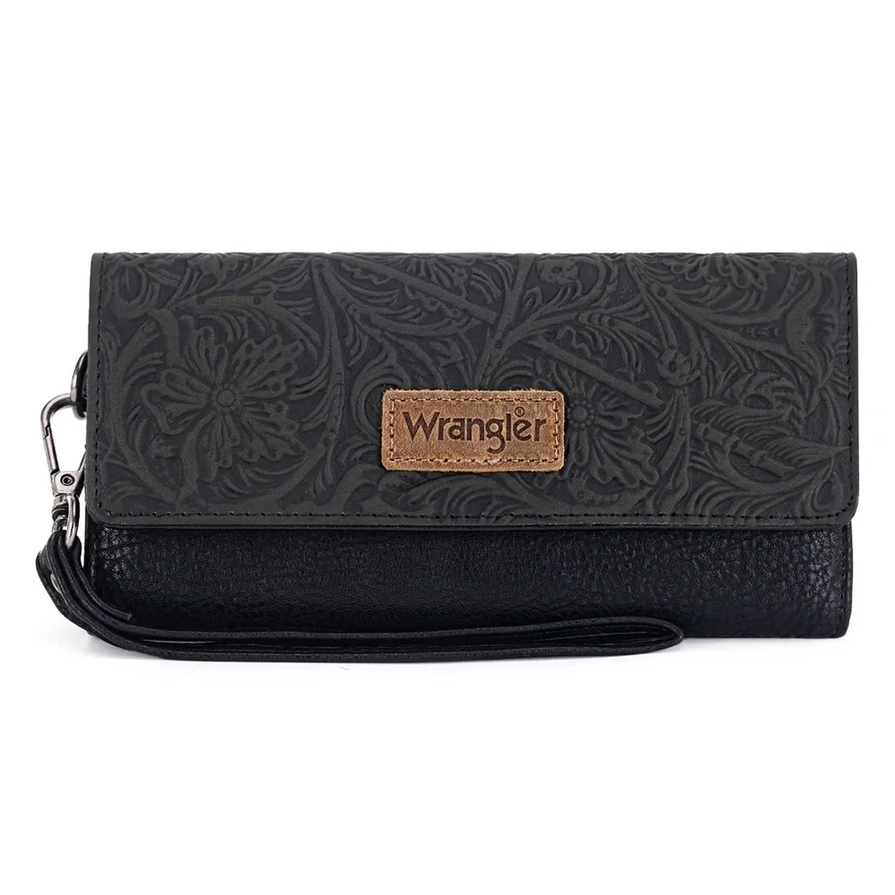 Wrangler Western Floral Tooled Tri-fold RFID Wallet/Wristlet Black